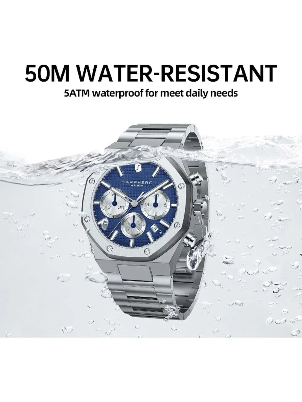Men's Silver Strap Blue Face Stainless Steel Octagonal Date Quartz Wrist Watch